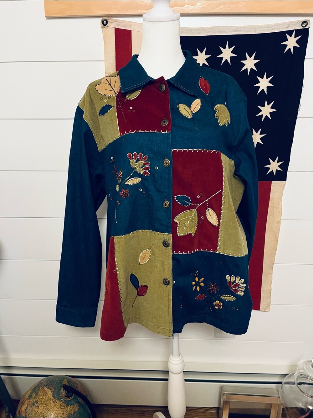 Alfred Dunner patchwork denim jacket VTg 90s fall autumn leaves 14